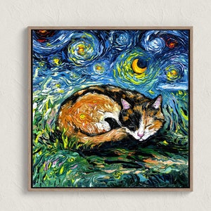 Calico Cat Starry Night Print Sleeping Cat Lover Gift Starry Night Cat Print Gallery Wall Art Colorful Cat Picture Home Decor Kids Nursery