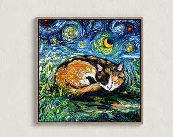 Calico Cat Starry Night Print Sleeping Cat Lover Gift Starry Night Cat Print Gallery Wall Art Colorful Cat Picture Home Decor Kids Nursery