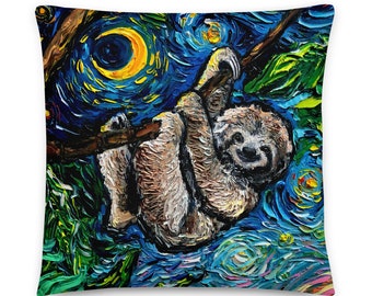 Cute Three Toed Sloth Starry Night Basic Throw Pillow Art by Aja