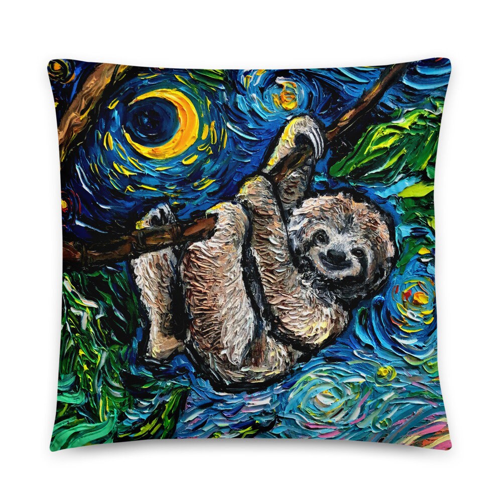 Cute Three Toed Sloth Starry Night Basic Throw Pillow Art by Aja