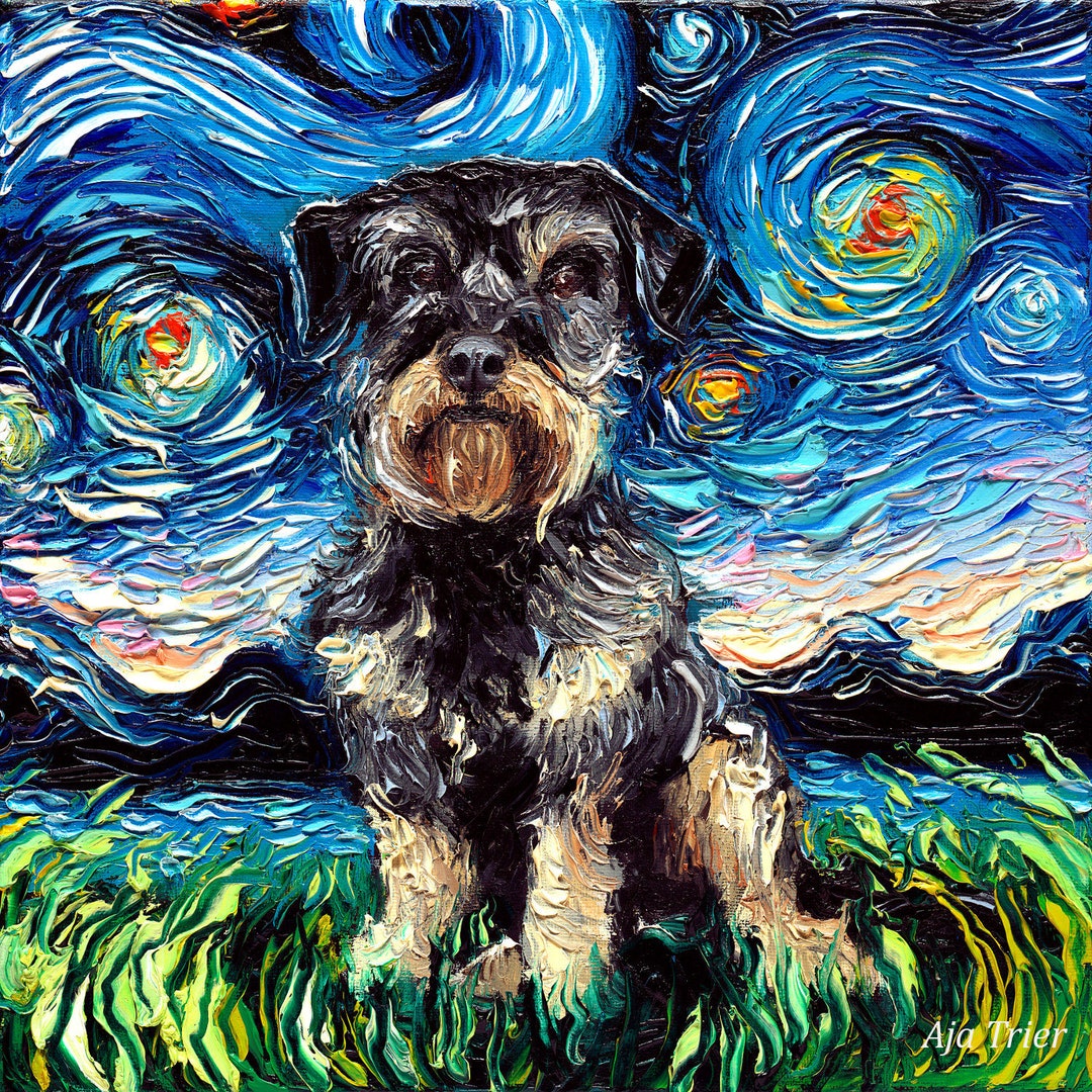 Schnoodle Schnauzer Poodle Mix Dog Art CANVAS Print Starry Night