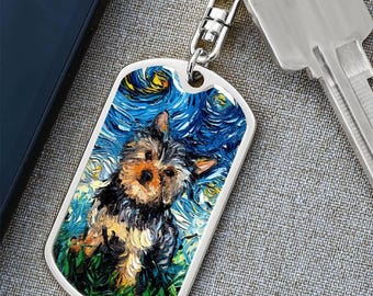 Yorkie Engraved Keychain Dog Tag Starry Night Yorkshire Terrier Keytag Personalized Pet Memorial Keyring Dog Lover Gift