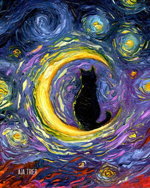 Black Cat on Moon Canvas Print, Starry Night Wall Art - Etsy