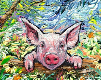 Piglet Cute Baby Pig and Flowers Barnyard Farm Animal Art Print picture by Aja choose size, Photo Paper Watercolor Paper artwork home decor