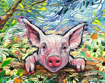 May include: A pink piglet peeks out from behind a log in a field of colorful flowers. The piglet's snout and ears are visible, and the background is a blur of green and yellow.