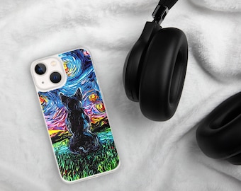 Black French Bulldog Night iPhone Case Dog Lover Phone Protector Starry Night Art by Aja Frenchie