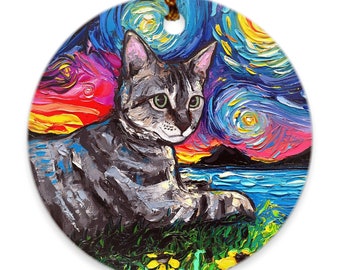 Colorful Tabby Cat Starry Night Porcelain Ornaments Printed On Both Sides Ceramic Heirloom