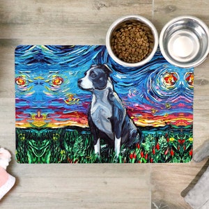Pet Mat - Pitbull Starry Night Dog Feeding Mat Non-Slip Rubber 12x18 inches Art by Aja Animal Artwork Home Decor Pet Owner Gift Free Ship