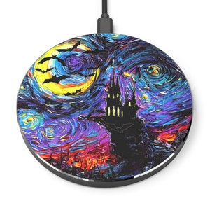 Wireless Phone Charger  Haunted Mansion Dracula Castle Starry Night Desktop Accessories iPhone Android Charging Station Art by Aja