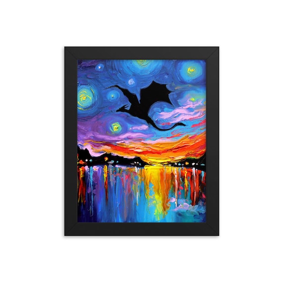 Flying Dragon Silhouette Smaug Fantasy Colorful Wall Art Print Home Decor By Aja