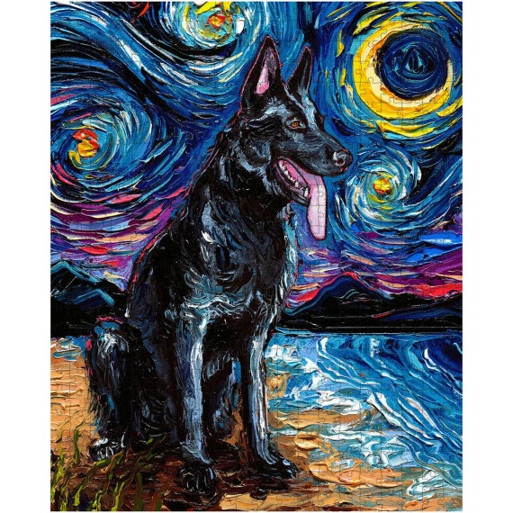 Puzzle Black German Shepherd Starry Night Dog 252 or 500 Piece