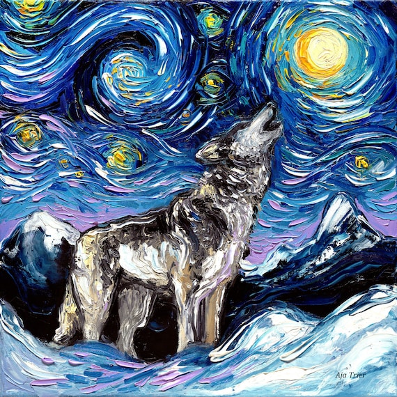 Howling Wolf Starry Night Lupine Night Dog Art CANVAS Print by Aja Choose  Size Artwork Wall Picture Home Decor Animal Lover -  Norway