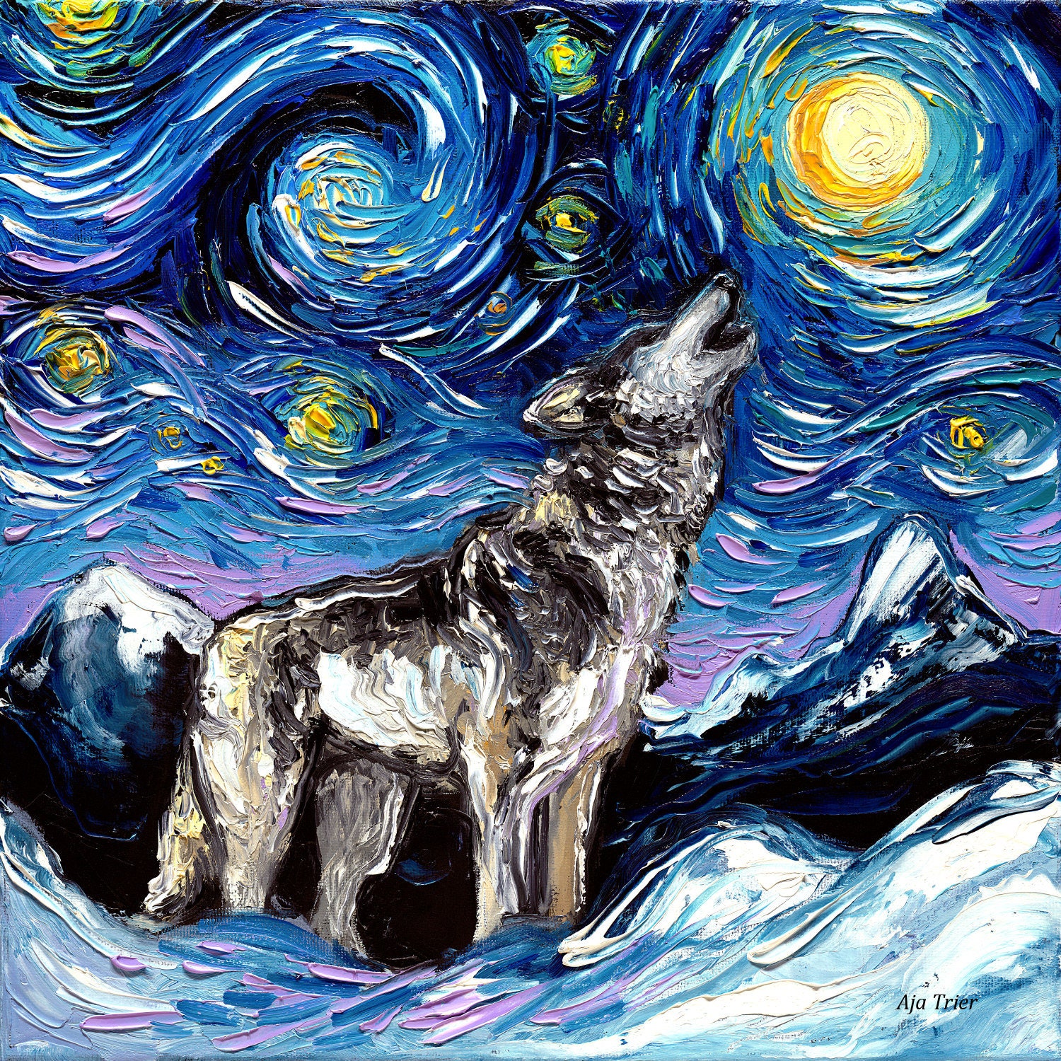 大神ミオ Night walk Howling A majestic wolf howling at a vibrant pink moon in a stylized, low
