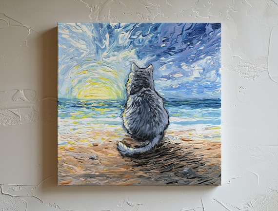 Nebelung Cat Sunset Beach Canvas Print Impressionist Wall Art Cat Lover Gift Russian Blue Cat Print Gallery Wall Art Pet Coastal Home Decor