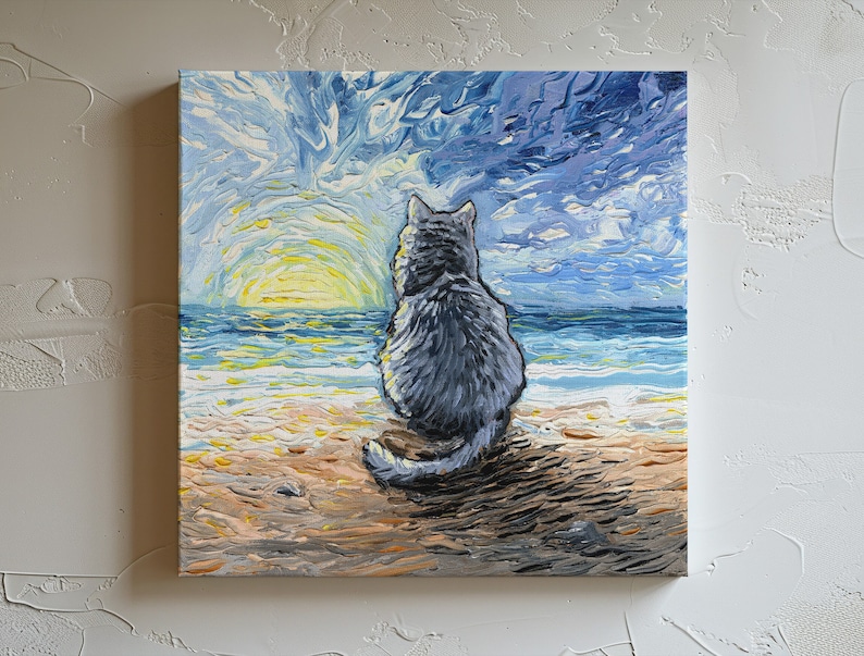 Nebelung Cat Sunset Beach Art Print by artist Aja Trier of Sagittarius Gallery