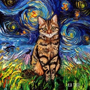 Brown Tabby Night Cat Starry Night Art Print picture by Aja choose size, Photo Paper Watercolor Paper artwork home decor pet night tiger cat