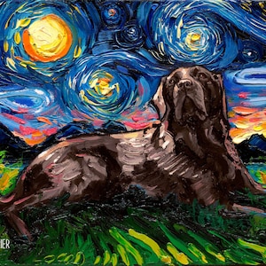 Laying Chocolate Labrador Lab Rectangular Art Starry Night Art Print dog cute art by Aja choose size type of paper pup stars moon sunset