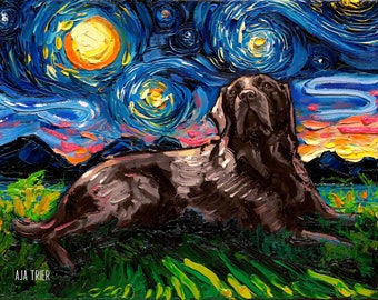 Chocolate Lab Starry Night Art Print, Dog Lover Gift
