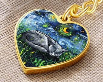 Russian Blue Cat Keychain – Starry Night Custom Engraved Heart