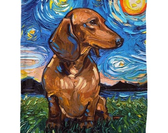 Fleece Throw Blanket  60x50 Inch Brown Dachshund Starry Night Dog Art By Aja Home Decor Soft Housewares Free Us Shipping