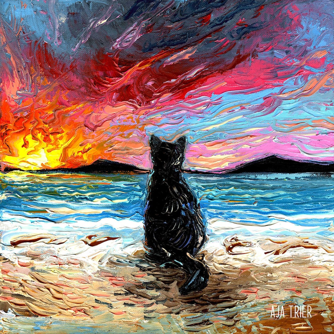 Beach Days Black Cat Art CANVAS Print by Aja Wall Art Home Decor
