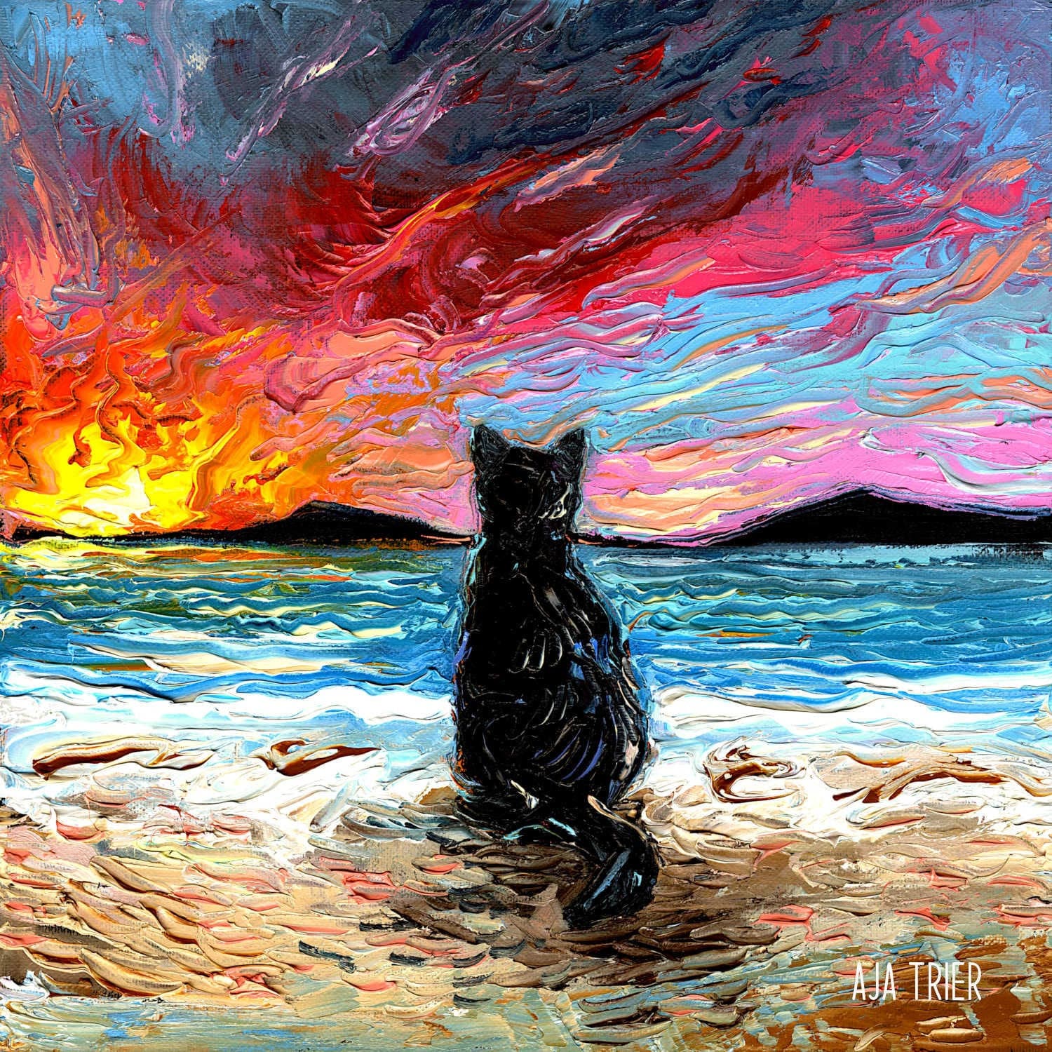 Beach Days Black Cat Art CANVAS Print by Aja Wall Art Home Decor
