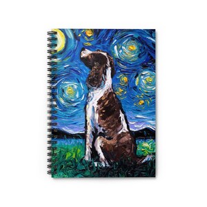 May include: A brown and white dog sitting in a field of green grass, looking up at a starry night sky with a yellow moon. The painting is done in a style reminiscent of Vincent van Gogh's Starry Night.