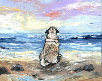 May include: A painting of a dog sitting on a beach, looking out at the ocean. The sky is a mix of pink, purple, and blue, and the water is a deep blue. The dog is brown and white, and its tail is wagging.