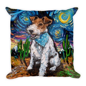 Wire Fox Terrier Dog Lover Starry Night Basic Throw Pillow Art by Aja image on both sides 16x16 inches stuffed