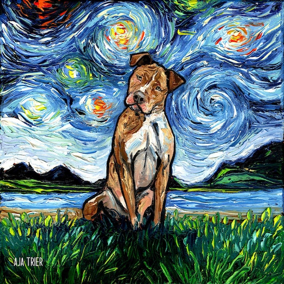 Brown Pitbull Starry Night Dog Art CANVAS Print by Aja Choose
