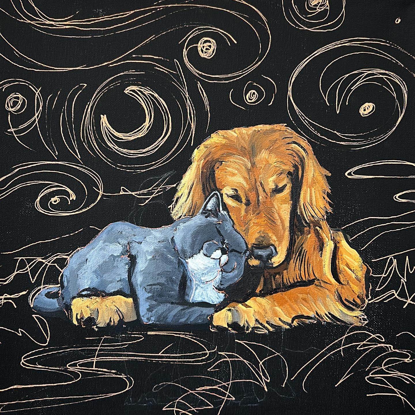 Cat and Dog Original Oil Painting on Canvas Starry Night Cat and Dog Original Oil Painting on Canvas Starry Night