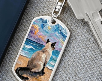 Llavero conmemorativo personalizado de gato siamés con grabado de noche estrellada en la playa