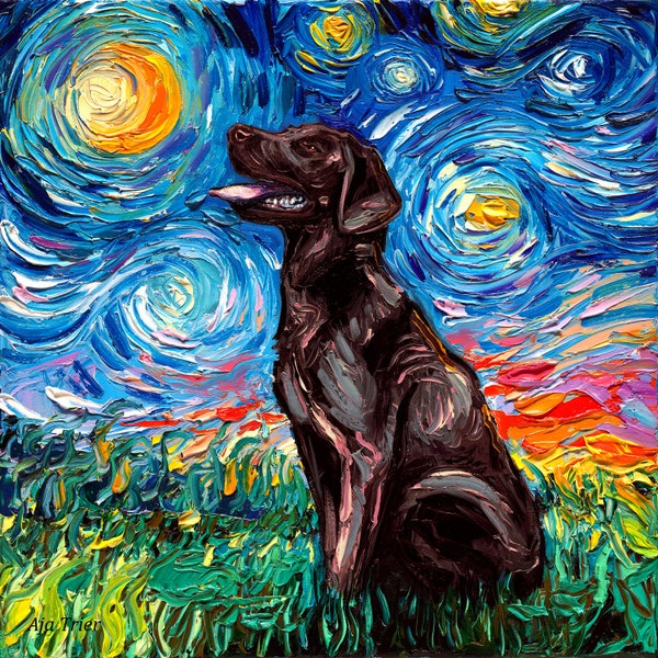 Chocolate Labrador Art - Starry Night Art Print by Aja choose size and type of paper pet artwork lab pup colorful impressionist animal