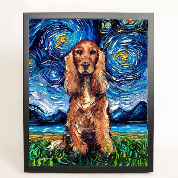 Ready to hang Art Red Cocker Spaniel Dog Black Frame CANVAS print Starry Night art by Aja home decor 8x10, 11x14, 16x20, 20x24, 24x30, 30x38