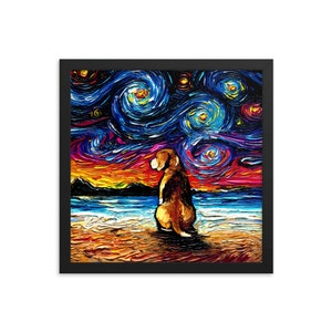 Beagle on the Beach Framed Photo Paper Poster Starry Night Art Print dog lover gift cute art by Aja choose size SHIPS WORLDWIDE