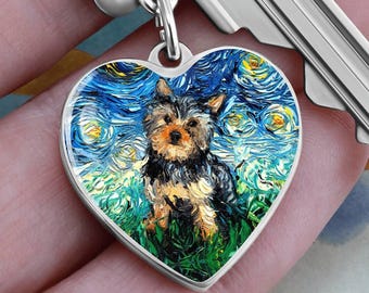 Engraved Yorkie Keychain – Starry Night Heart Charm, Personalized Yorkshire Terrier Dog Lover Gift