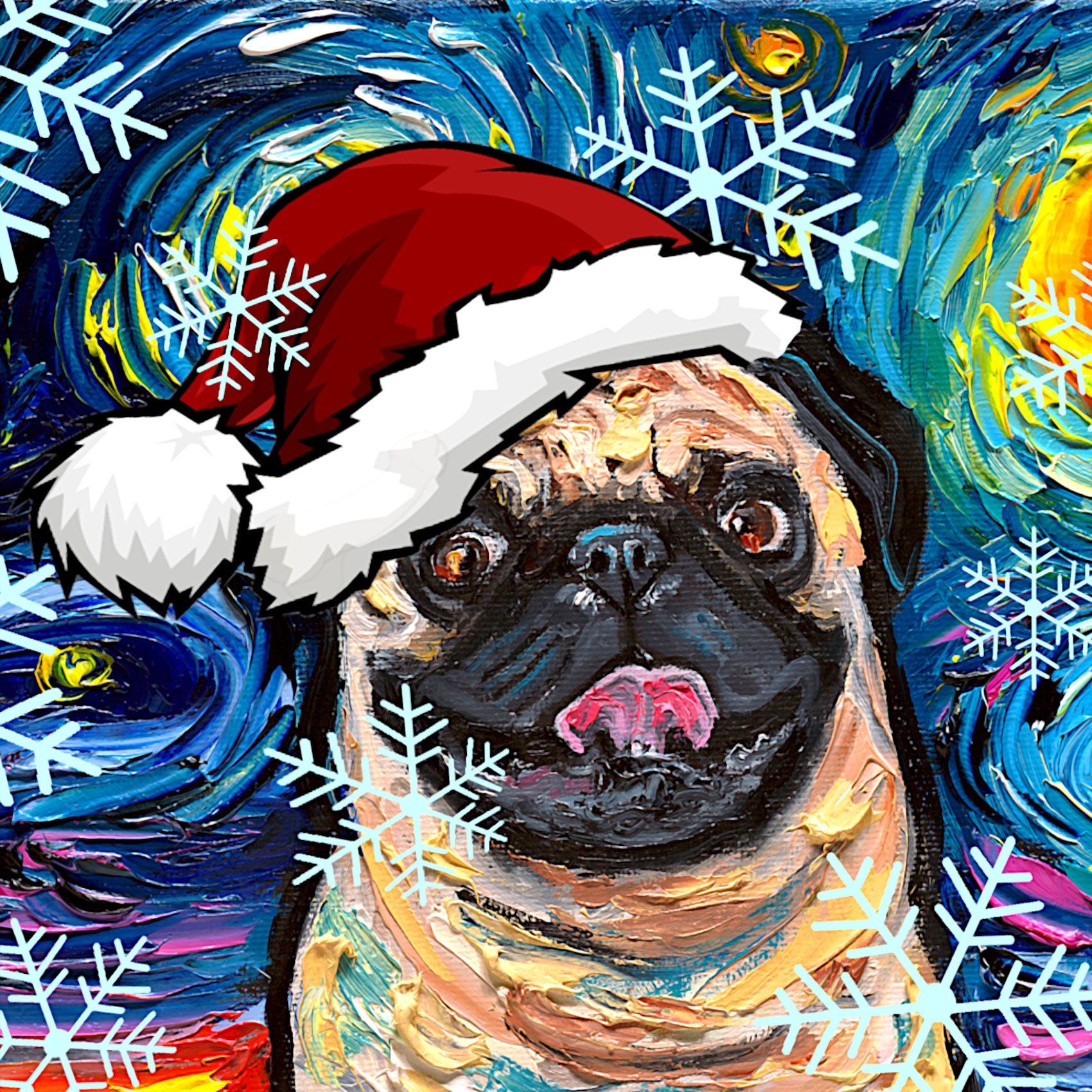 Digital Download of Fawn Pug Dog in a Santa hat Starry Night art by Aja  PNG file print your own Christmas ornaments / cards