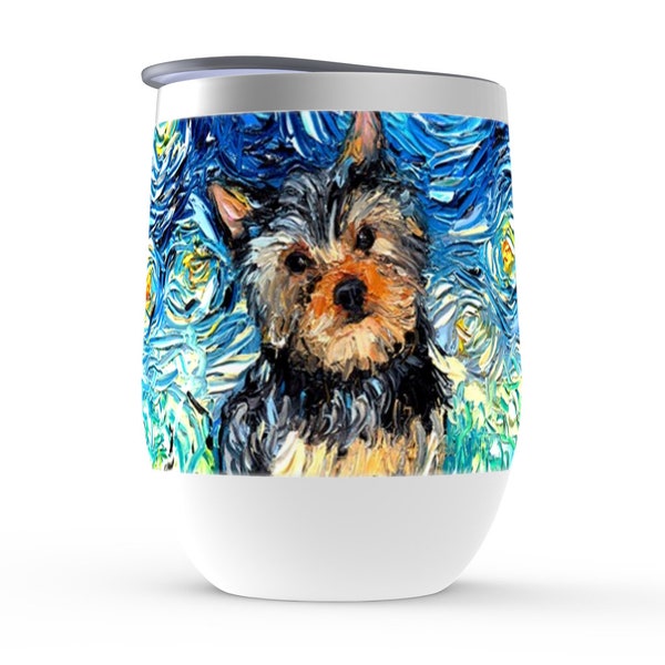 Yorkshire Terrier Yorkie Starry Night Dog Stemless Wine Tumblers Cup With Lid Unique Gift Barware Wine Glass Home Goods Drink Ware By Aja