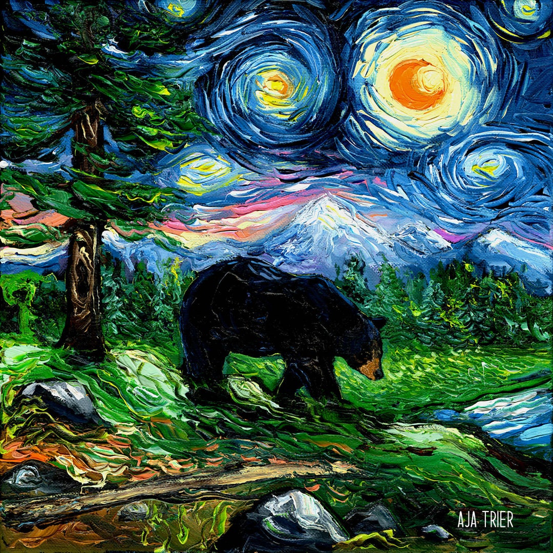 Smoky Mountain Black Bear Art Starry Night Art CANVAS Print by Aja