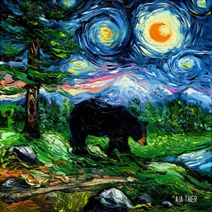 Smoky Mountain Black Bear Art Starry Night Art CANVAS print by Aja wall art home decor choose square or rectangle format Animal Artwork