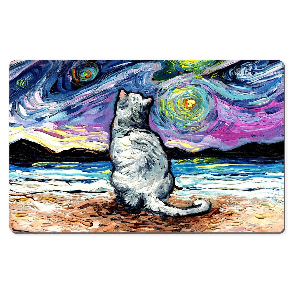 Desk Mats White Cat Starry Night Beach Art by Aja Mouse Pad 