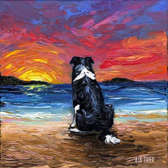 Beach Days  Border Collie Art Print dog picture by Aja choose size and type of paper Photo Paper or Watercolor Paper decor ocean sea