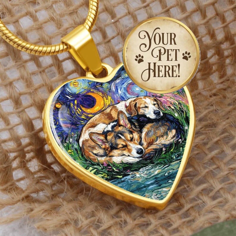 Custom Pet Portrait on a Heart Shaped Necklace by artist Aja Trier of Sagittarius Gallery choose from gold and surgical steel and even choose to have the back engraved!