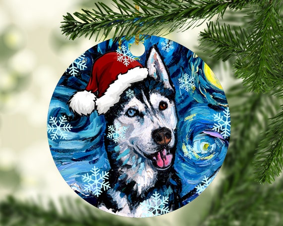 Happy Husky In Santa Hat Art Starry Night 3x3 Inch Christmas Ornament Printed On Both Sides Ceramic Heirloom Tree Decoration