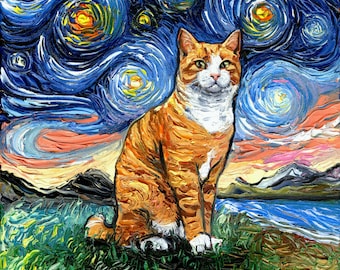 Orange Tuxedo Tabby Cat Starry Night Art Print picture by Aja choose size, Photo Paper Watercolor Paper artwork home decor pet kitty