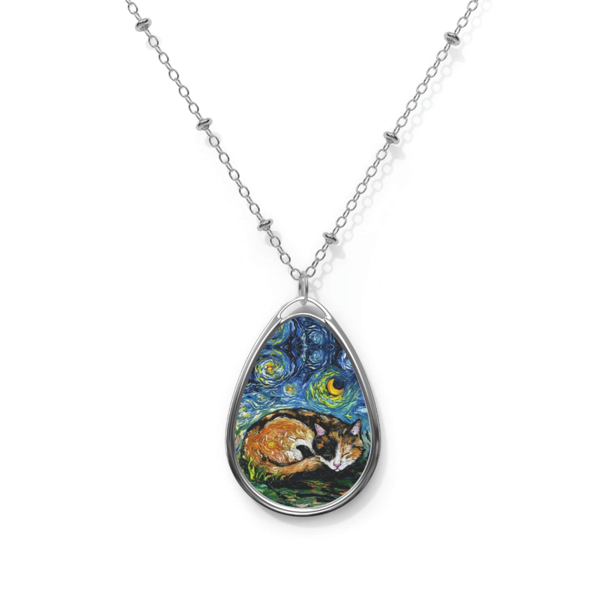 Sleeping Calico Cat Necklace Starry Night Pendant 1.5x1 inch Oval on 20.47 inch Chain Pet Memorial Jewelry Cat Lover Gift Idea Art Necklace