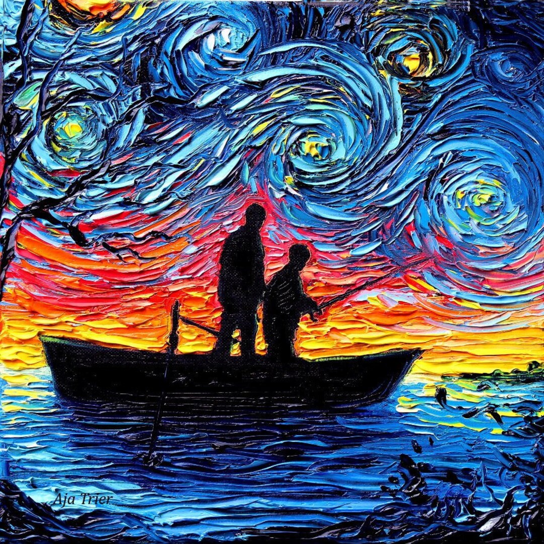 Fishing Trip Art Print: Starry Night Father & Son Sunset - Etsy
