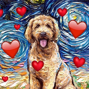 Digitaler Download Goldendoodle Hund Valentine Sternennacht Kunst von Aja PNG Datei zum Drucken Ihrer eigenen Grußkarten Valentinstag Geschenke