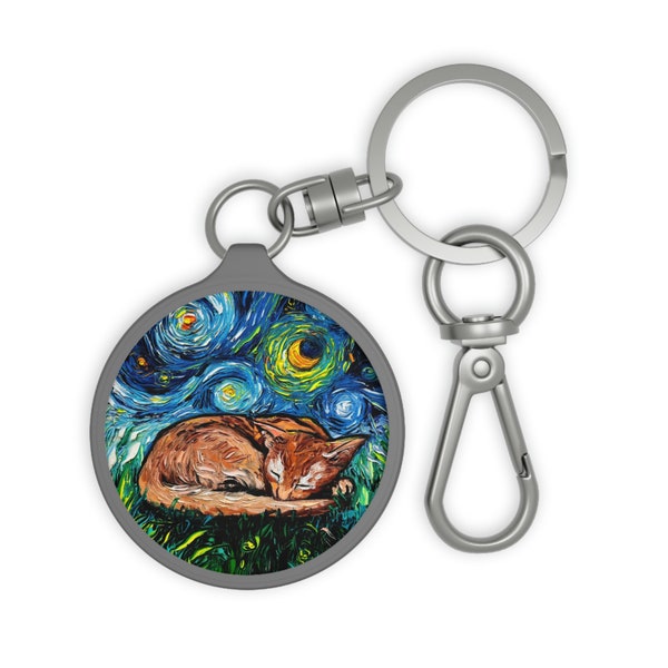 Keychain - Sleeping Abyssinian Cat Starry Night Key Chain Keyring tag School Bag Charm Art by Aja