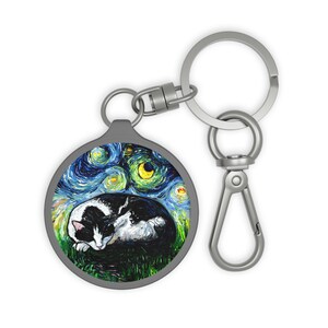 Keychain - Sleeping Tuxedo Cat Starry Night Key Chain Keyring tag School Bag Charm Art by Aja